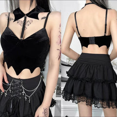 Gothic Velvet Bat Corset, Sexy Spaghetti Crop Top For Women - Wonder Skull