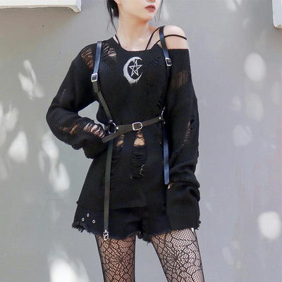 Grunge Gothic Sweater, Fashionable Torn Long Sleeve Pullover For Women - Wonder Skull