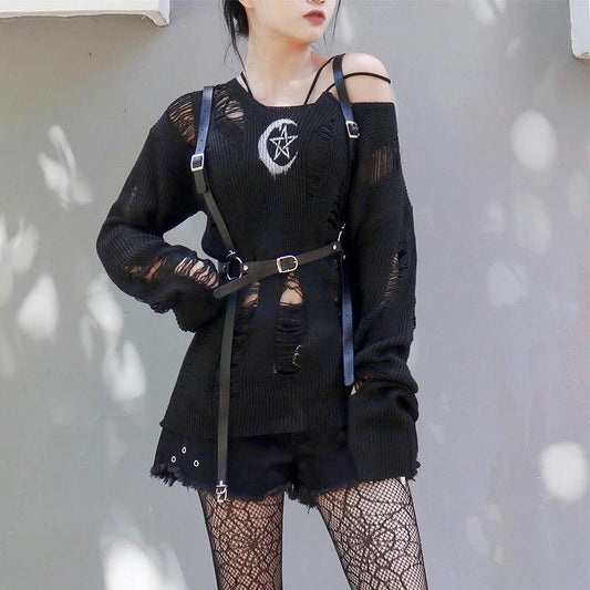 Grunge Gothic Sweater, Fashionable Torn Long Sleeve Pullover For Women - Wonder Skull