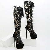 Classic High Heel Boots, Impressive Hollow Out Bow Decor - Wonder Skull