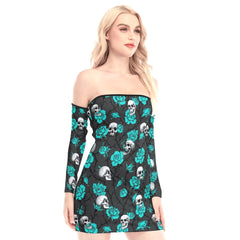 Skull Cyan Rose Off-shoulder Back Lace-up Dress - Wonder Skull