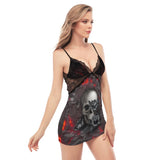 Skull Lava And Black Roses Lace Chemise Nightgown - Wonder Skull