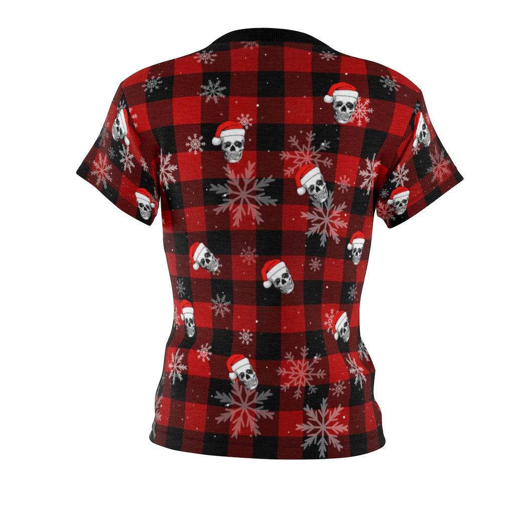 Snowflake And Skull Red Flannel All Over Print T-shirt For Women - Wonder Skull