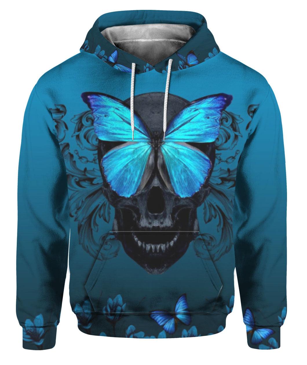 Blue Butterfly Skull Hoodie Full Printed - Wonder Skull