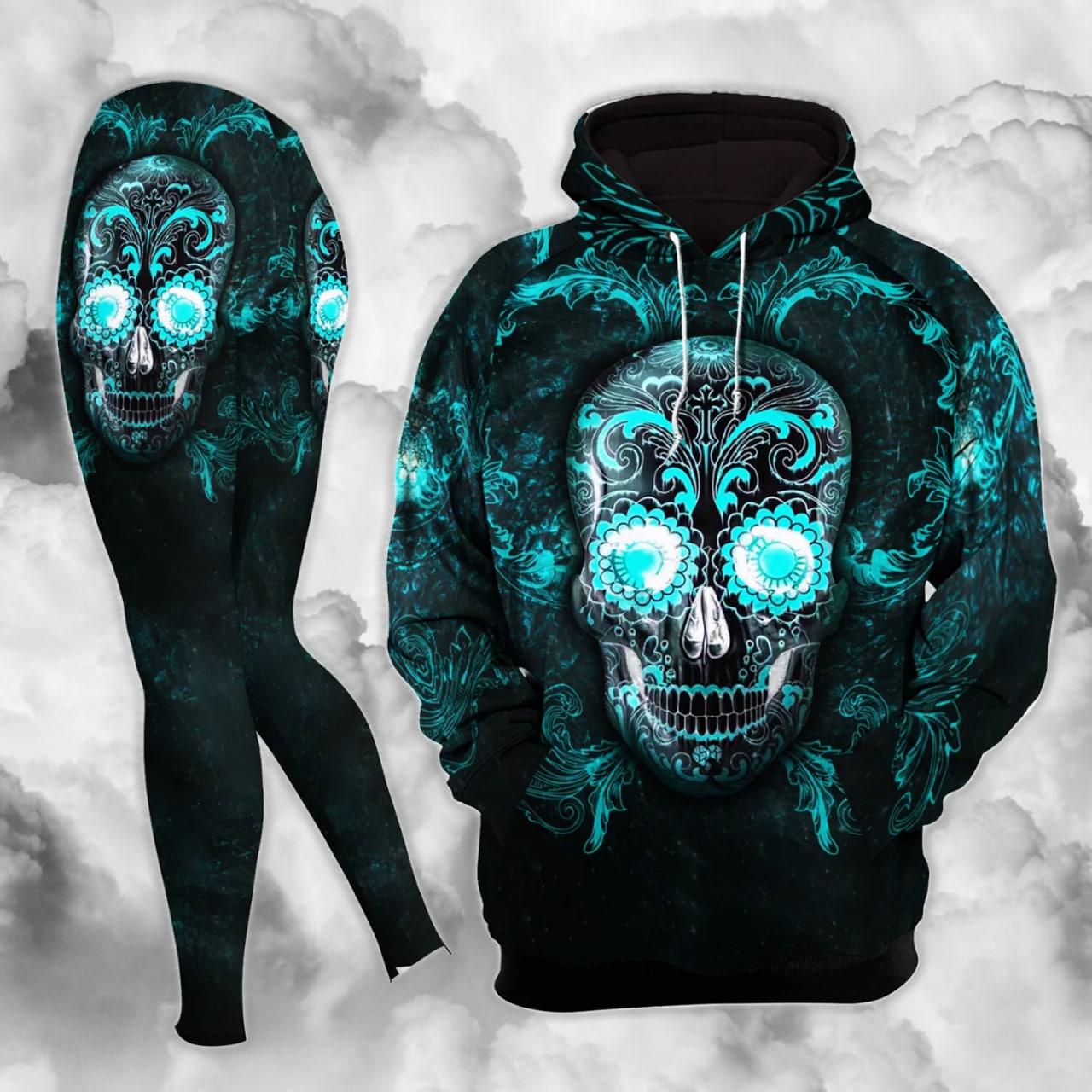 Blue Dark Sugar Skull Combo Hoodie and Leggings - Wonder Skull