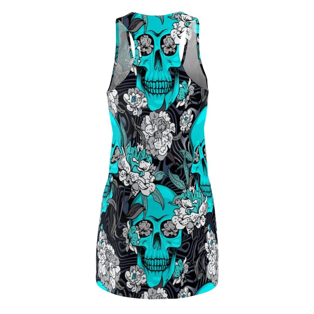 Turquoise Skull And Flowers Women's Cut & Sew Racerback Dress - Wonder Skull