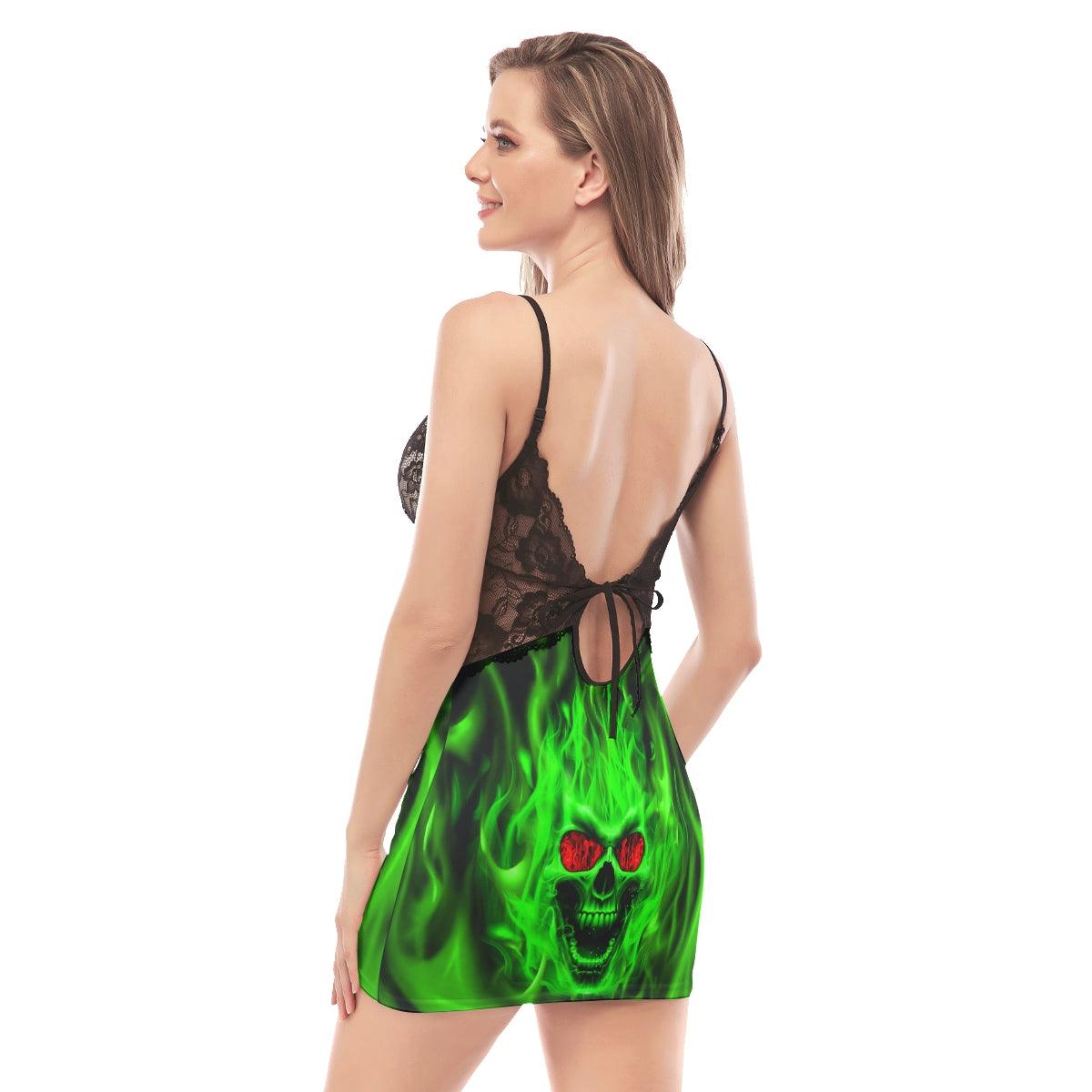 Green Fire Skull Lace Chemise Nightgown - Wonder Skull