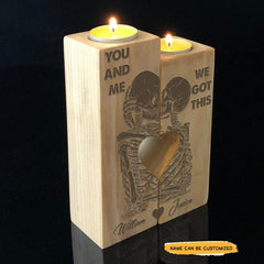 Kiss You - Customized Heart Wood Candle Holder Gifts - Wonder Skull