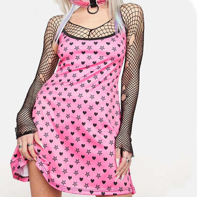 Punk Gothic Pink Heart Printed Dress Graphic, Coolest Fishnet LongSleeve Vestidos For Women - Wonder Skull