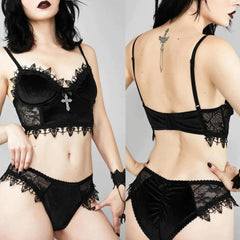 Gothic Velvet 2 Piece Sleepwear, Sexy Sleeveless Croptop & Short Bottom For Women - Wonder Skull