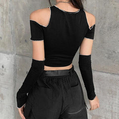 Emo Gothic Open Shoulder T-shirts, Cool Long Sleeve Crop Tops For Women - Wonder Skull