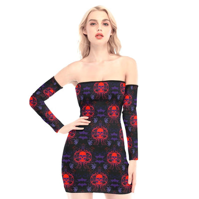 Gothic Bat Skull Off-shoulder Back Lace-up Dress - Wonder Skull