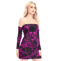 Magenta Thunder Skull Off-shoulder Back Lace-up Dress - Wonder Skull