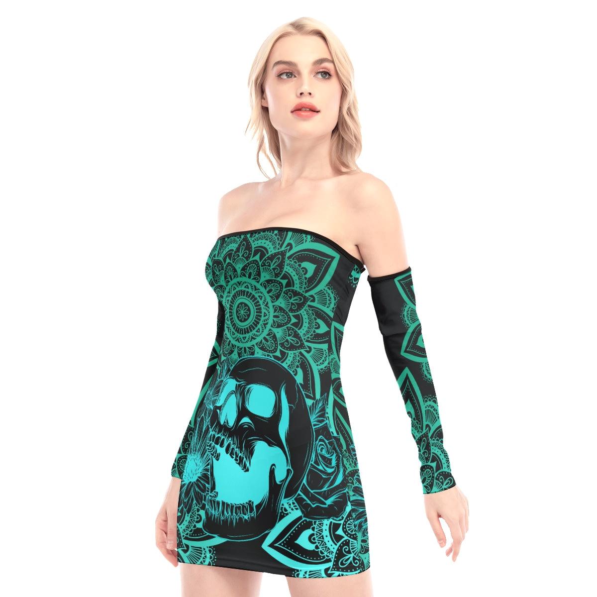 Cyan Mandala Skull Off-shoulder Back Lace-up Dress - Wonder Skull