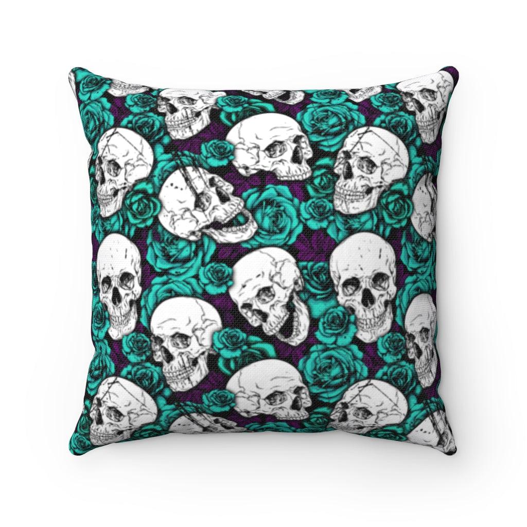 Skull Green Rose Spun Polyester Square Pillow - Wonder Skull