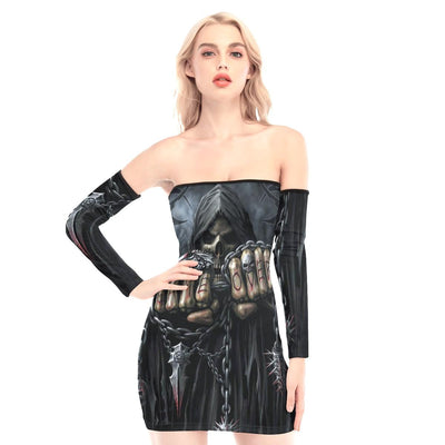 Game Over Skull Off-shoulder Back Lace-up Dress - Wonder Skull