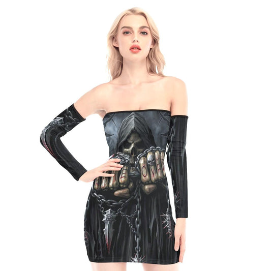 Game Over Skull Off-shoulder Back Lace-up Dress - Wonder Skull