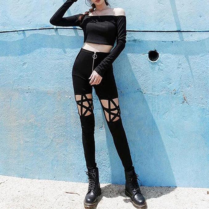 Gothic Petagram Cutout High Waist Tights, Sexy Zipper Leggings For Women - Wonder Skull