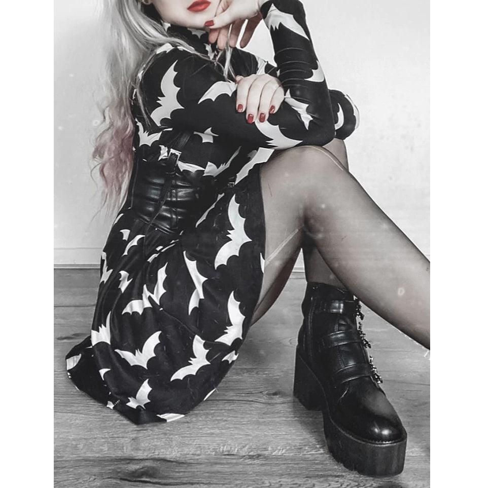 Gothic Black Bat Printed Turtleneck Dress, Beautiful Long Sleeve Vestidos For Women - Wonder Skull