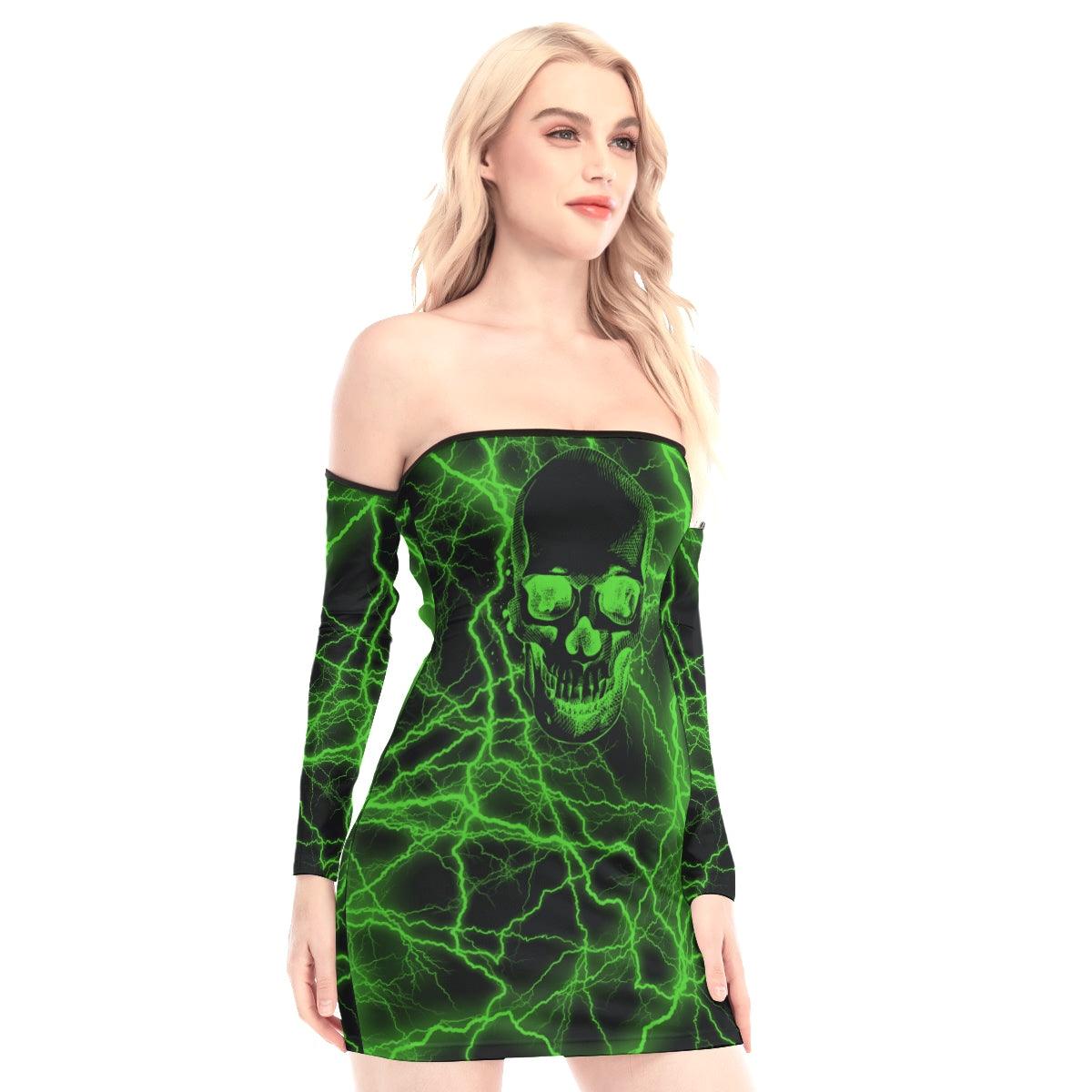 Green Thunder Skull Off-shoulder Back Lace-up Dress - Wonder Skull