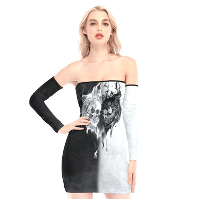 Fire Heart Skull Off-shoulder Back Lace-up Dress - Wonder Skull