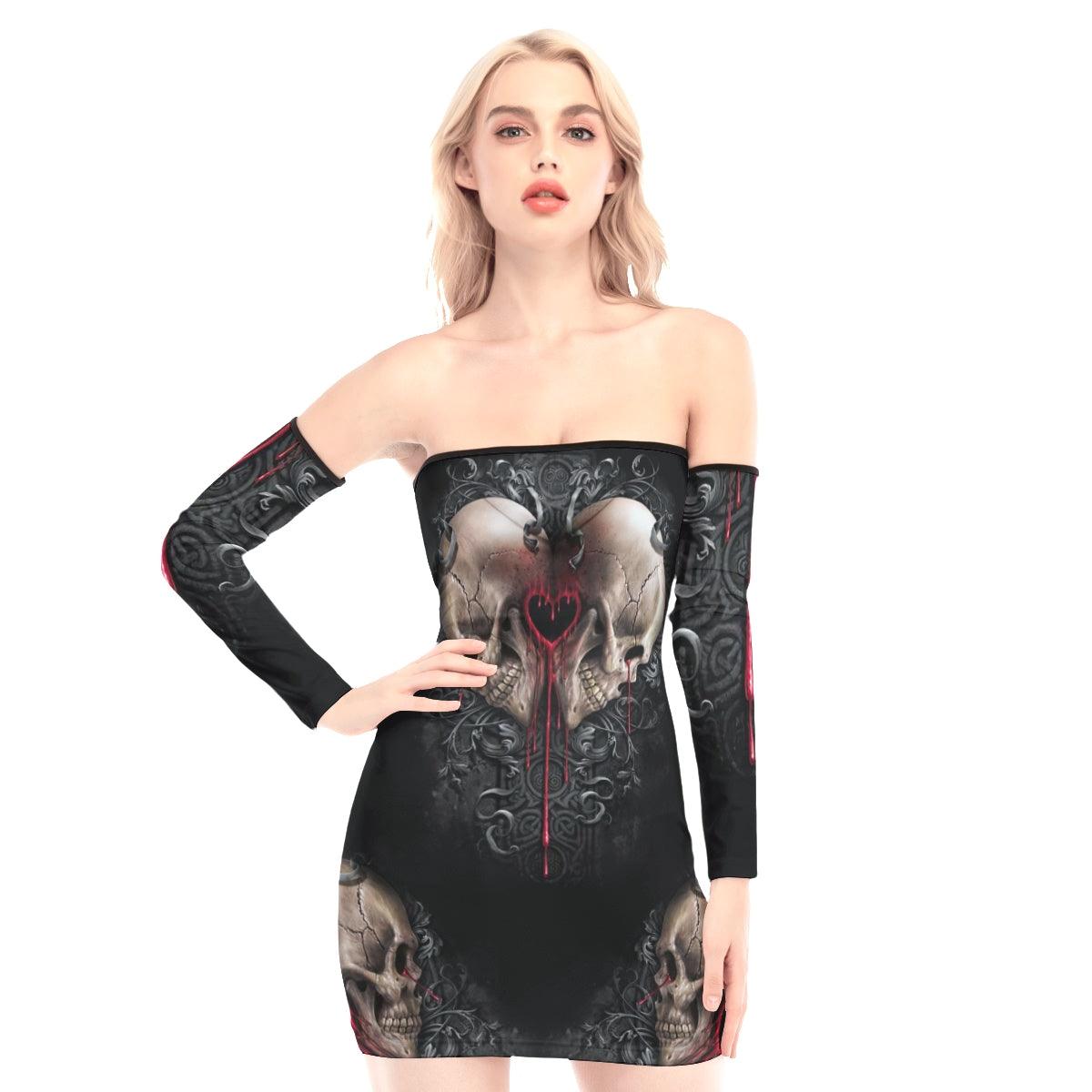 Gothic Skull Heart Off-shoulder Back Lace-up Dress - Wonder Skull