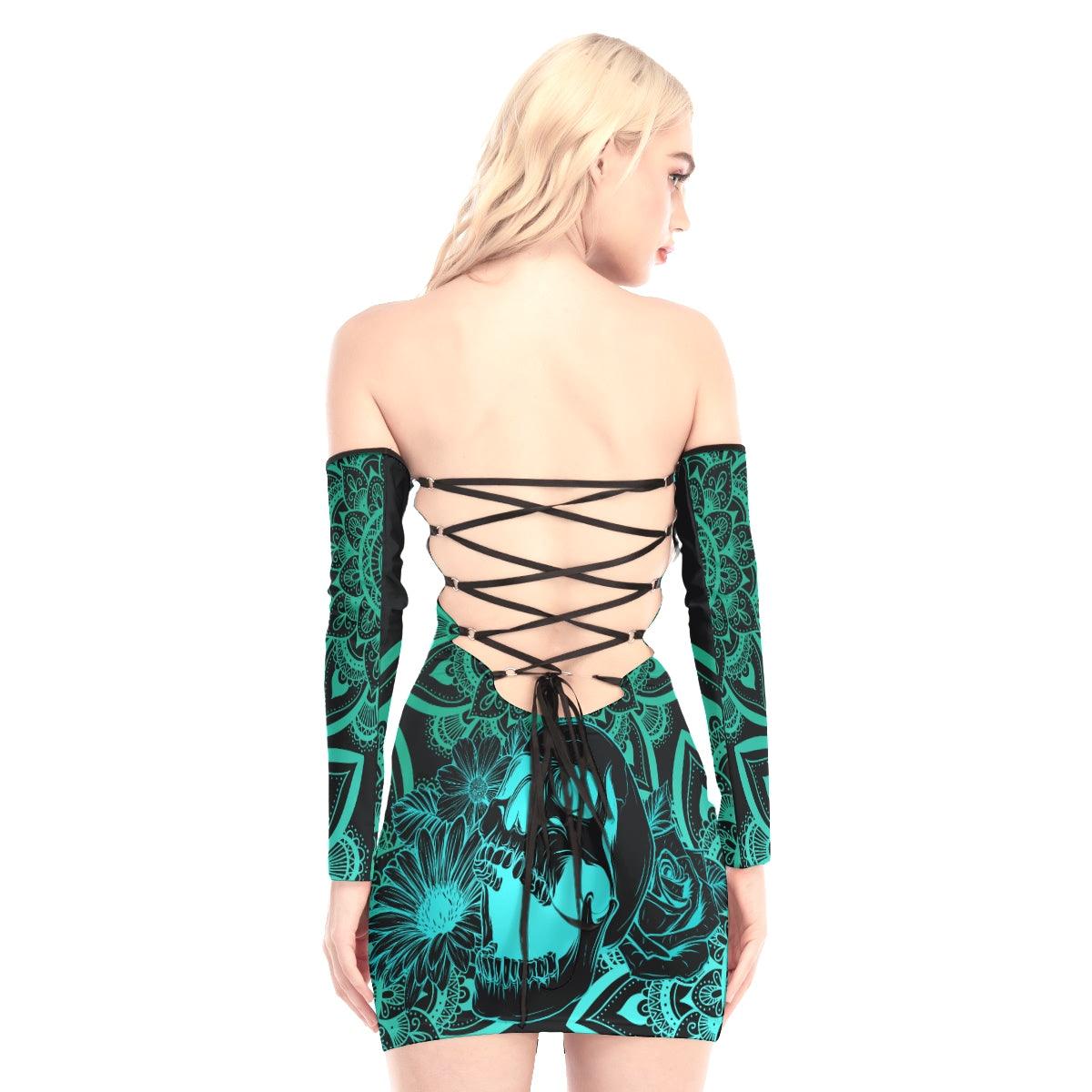 Cyan Mandala Skull Off-shoulder Back Lace-up Dress - Wonder Skull