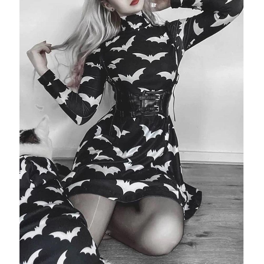 Gothic Black Bat Printed Turtleneck Dress, Beautiful Long Sleeve Vestidos For Women - Wonder Skull