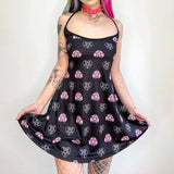 Punk Gothic Pink Heart Printed Dress Graphic, Coolest Fishnet LongSleeve Vestidos For Women - Wonder Skull