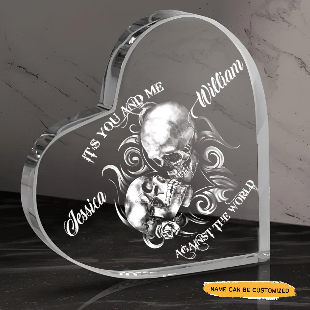 Against The World - Customized Skull Couple Crystal Heart Anniversary Gifts - Wonder Skull