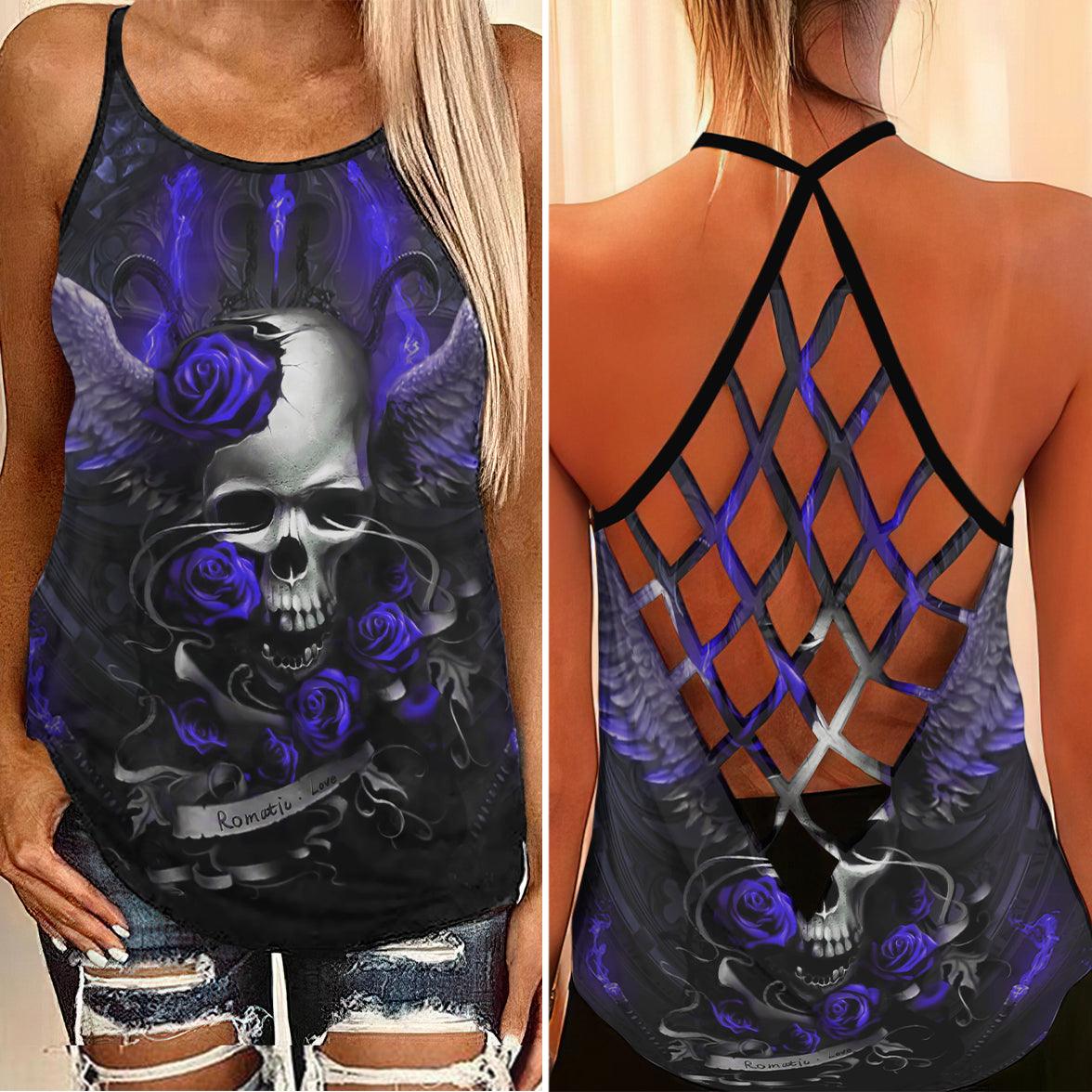 Angel Skull Gothic Rose Criss-Cross Open Back Tank Top, Coolest T-Shirt For Women - Wonder Skull