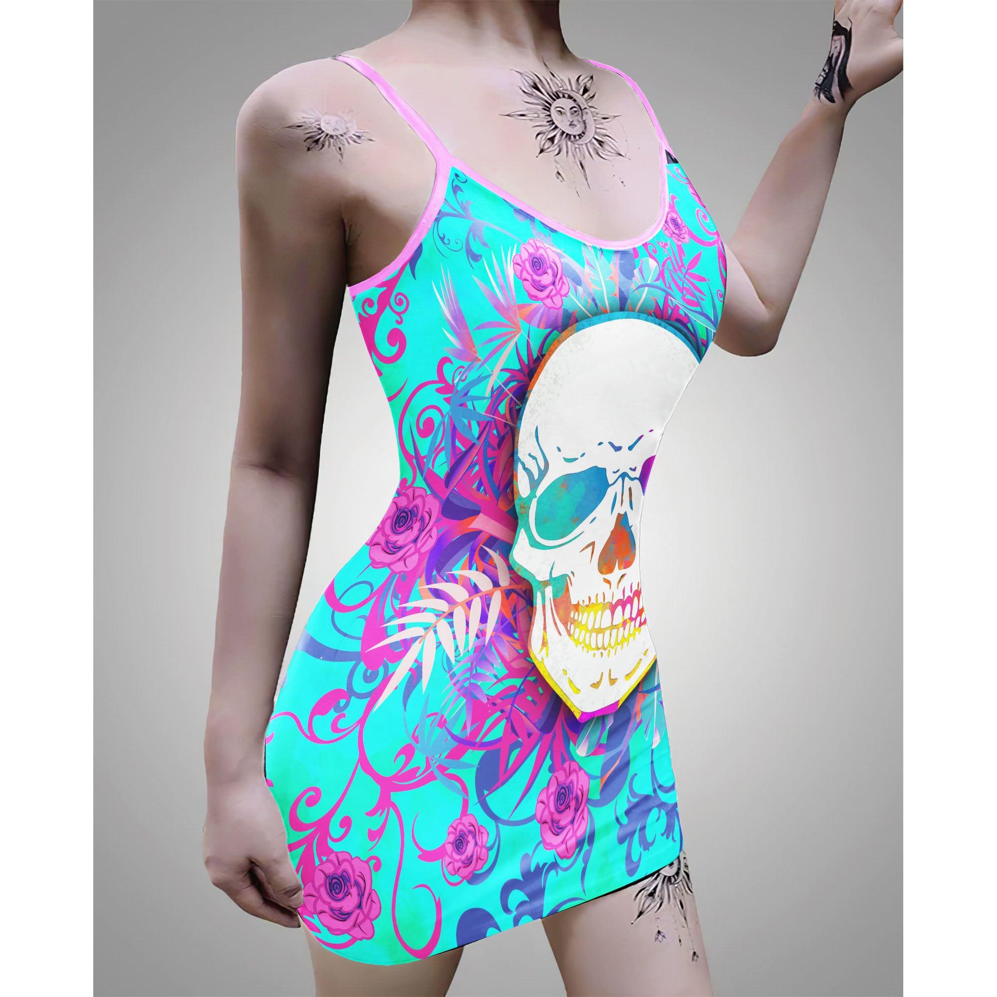 Aquamarine Gothic Skull Printed Body Dress, Naughty Sleeveless Minidress For Women-Wonder Skull