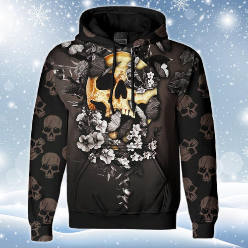 Black Butterfly Skull Print Unisex Pullover Hoodie-Wonder Skull