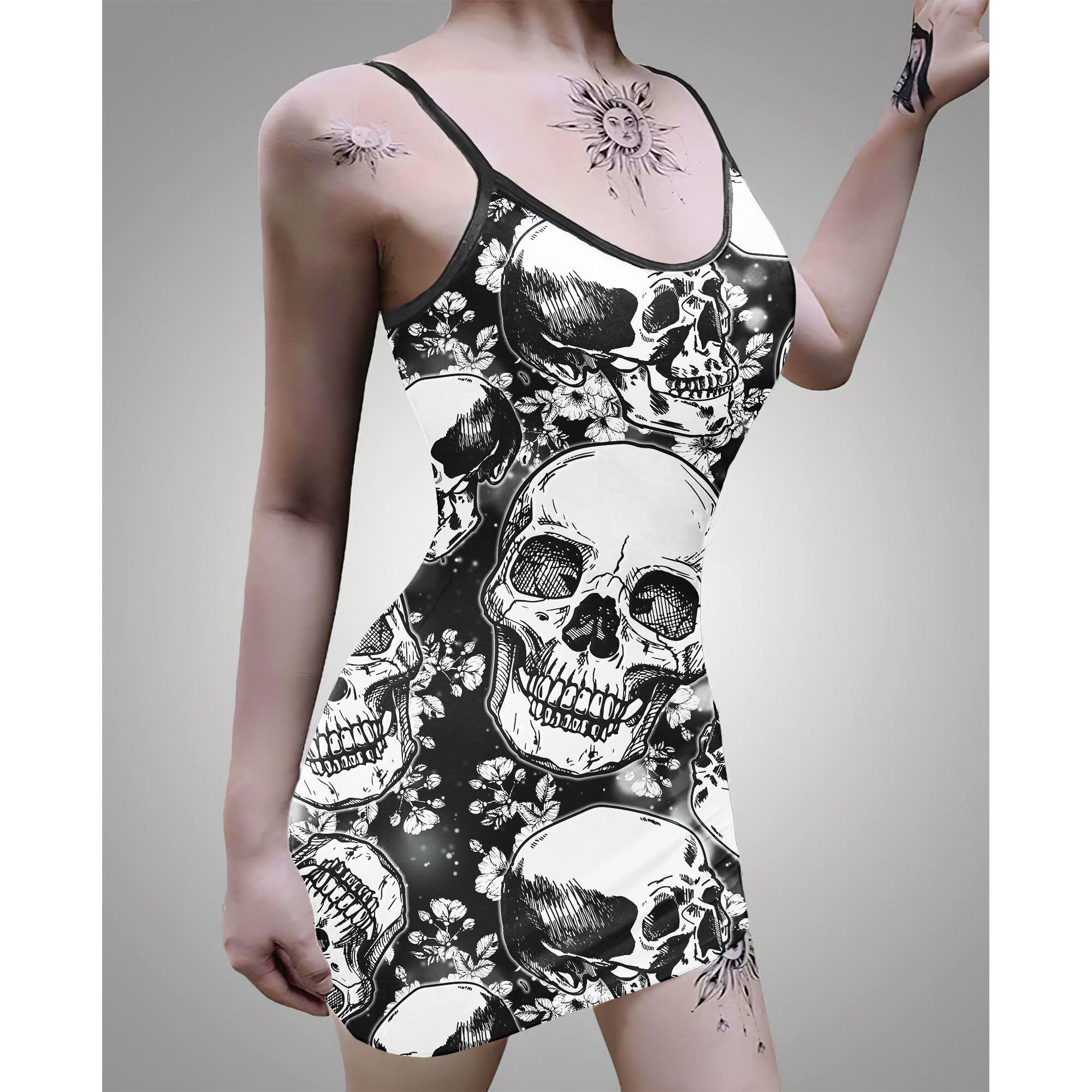 Black Shadow Skull Printed Body Dress, Naughty Sleeveless Minidress For Women-Wonder Skull