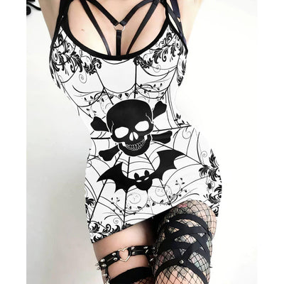 Black White Skull Spider Print Dress For Women-Wonder Skull