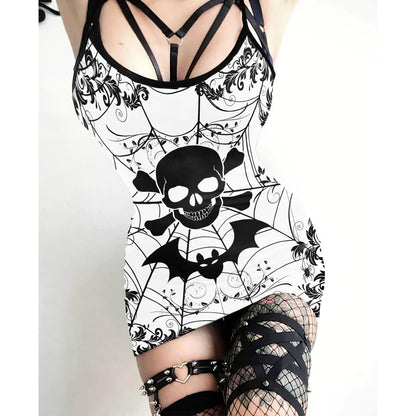 Black White Skull Spider Print Dress For Women-Wonder Skull