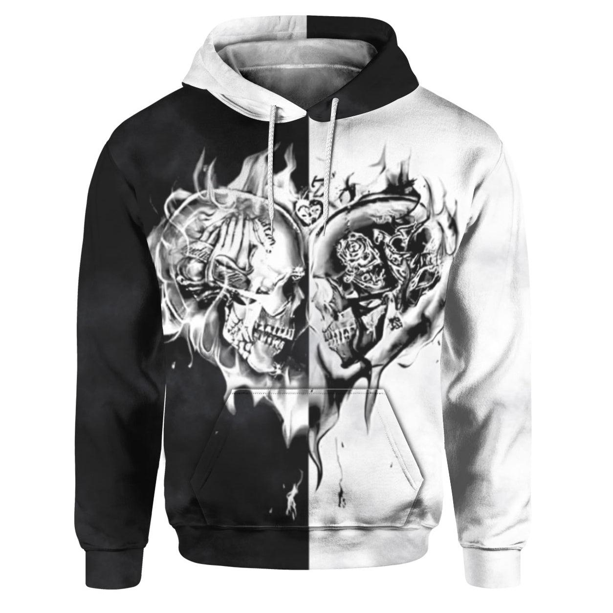 Black & White Fire Head Skull Heart All Over Print Unisex Pullover Hoodie, Outerwear - Wonder Skull