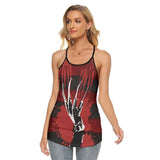 Bloody Claw Criss-Cross Open Back Tank Top, Scary Freddy Krueger Artwork T-Shirt For Women - Wonder Skull