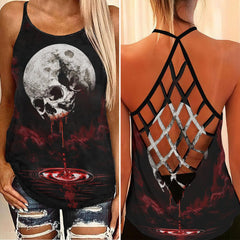 Bloody Moon Skull Criss-Cross Open Back Tank Top, Coolest T-Shirt For Women - Wonder Skull