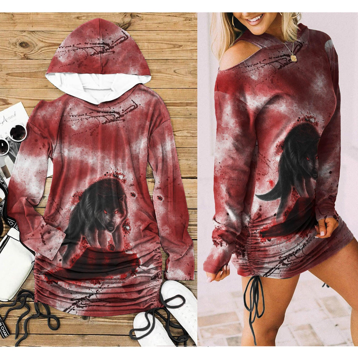 Bloody Thirsty Wolf All Over Print Women One Shoulder Dress With Waist Shirring, Long Hoodie For Women - Wonder Skull