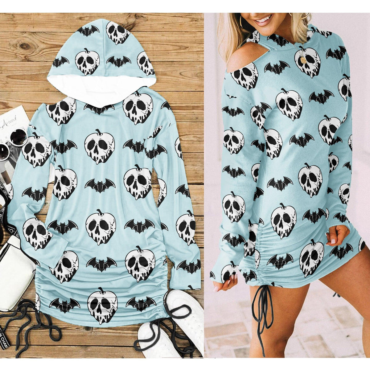 Blue Bat Skull All Over Print Women One Shoulder Dress With Waist Shirring, Long Hoodie For Women - Wonder Skull
