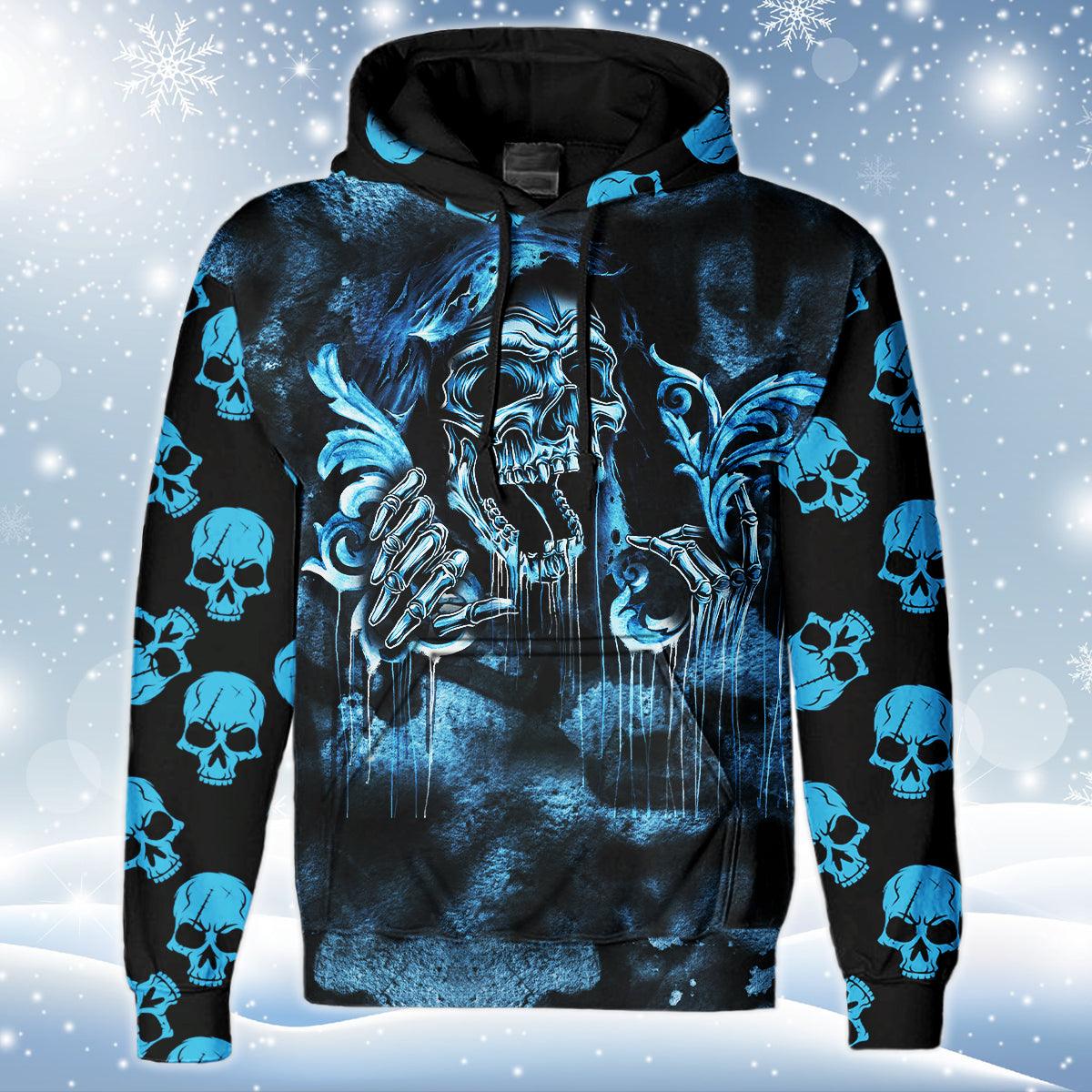 Blue Death Skull Print Unisex Pullover Hoodie-Wonder Skull