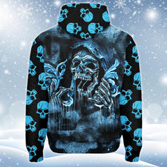 Blue Death Skull Print Unisex Pullover Hoodie-Wonder Skull