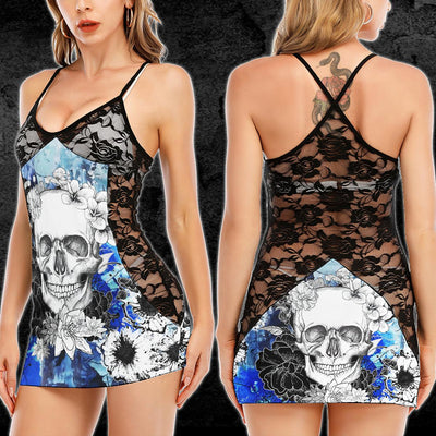 Blue Water Color Skull Pink Rose Lace Cami Dress - Wonder Skull