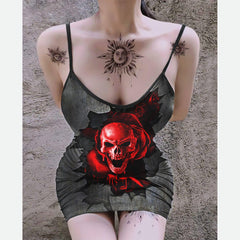 Broken Wall Skull Printed Body Dress, Naughty Sleeveless Minidress For Women-Wonder Skull