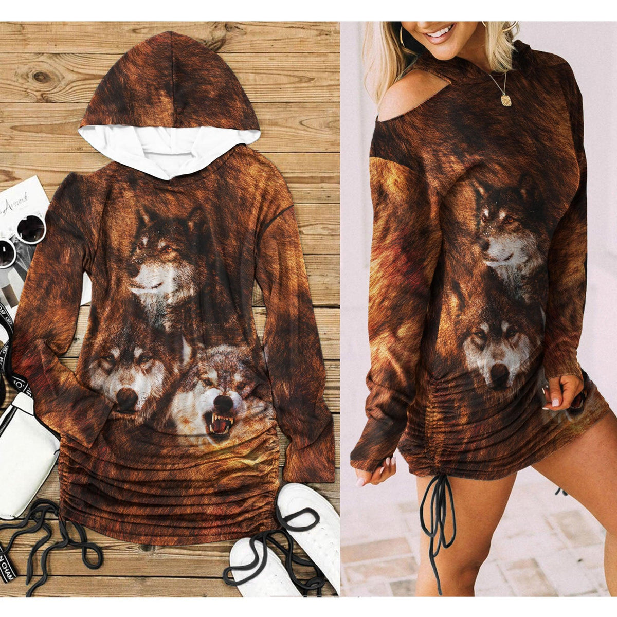 Brown Wolves All Over Print Women One Shoulder Dress With Waist Shirring, Long Hoodie For Women - Wonder Skull