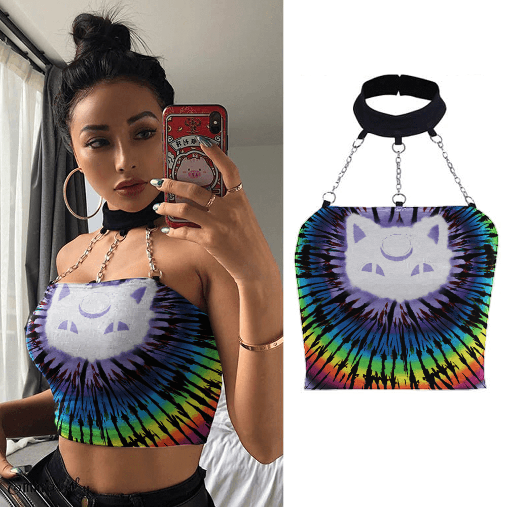 Tie Dye Cat Style Choker Halter Top, Cute Sleevless Clubwear For Women - Wonder Skull