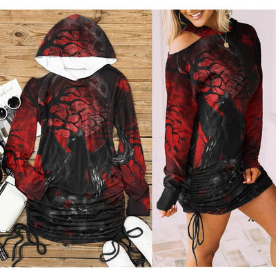 Cat Gothic All Over Print Women One Shoulder Dress With Waist Shirring, Long Hoodie For Women - Wonder Skull