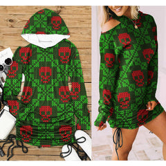 Christmas Green Red Skull Pattern Print Open Shoulder Dress - Wonder Skull
