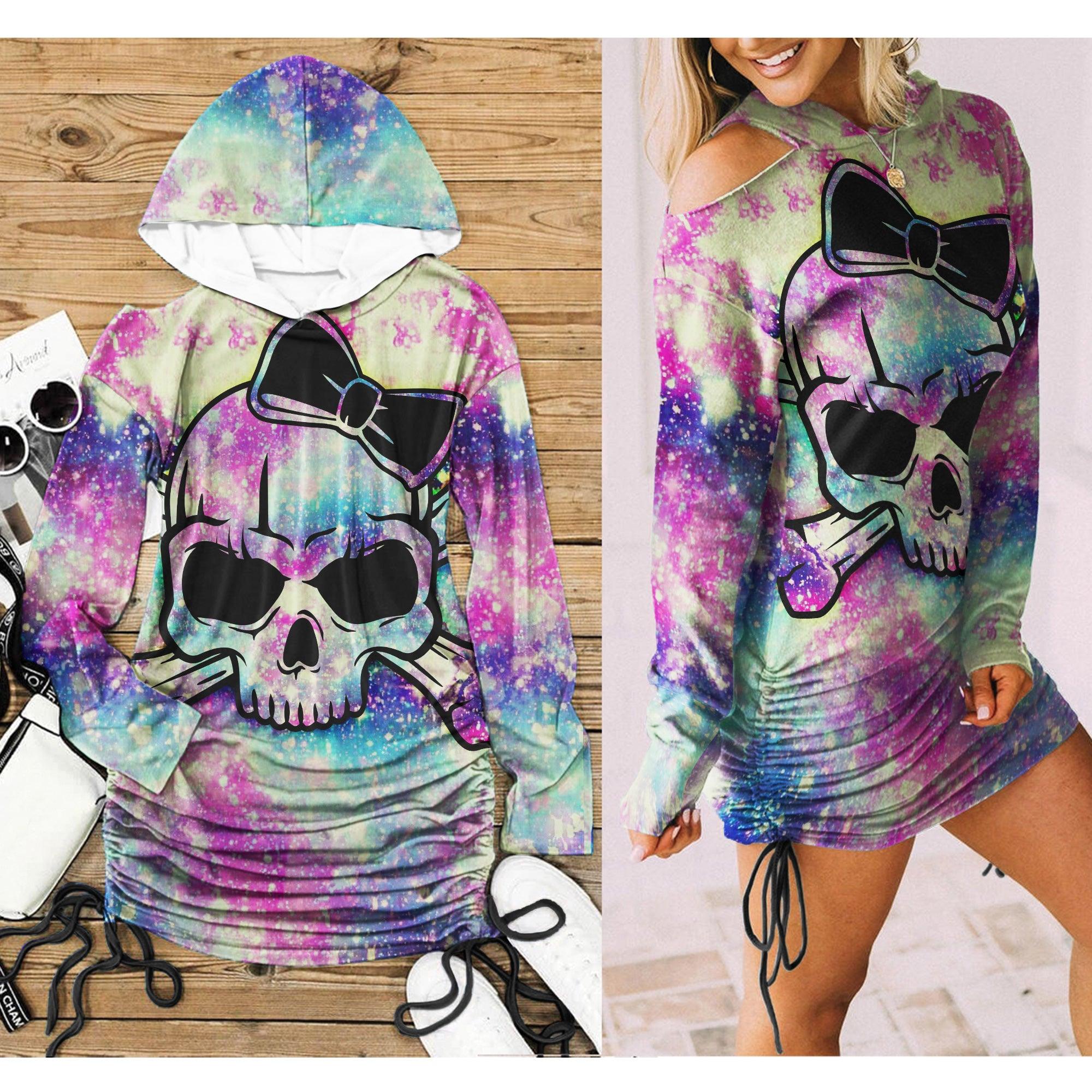  Christmas Rainbow Skull Print Open Shoulder Dress-Wonder Skull